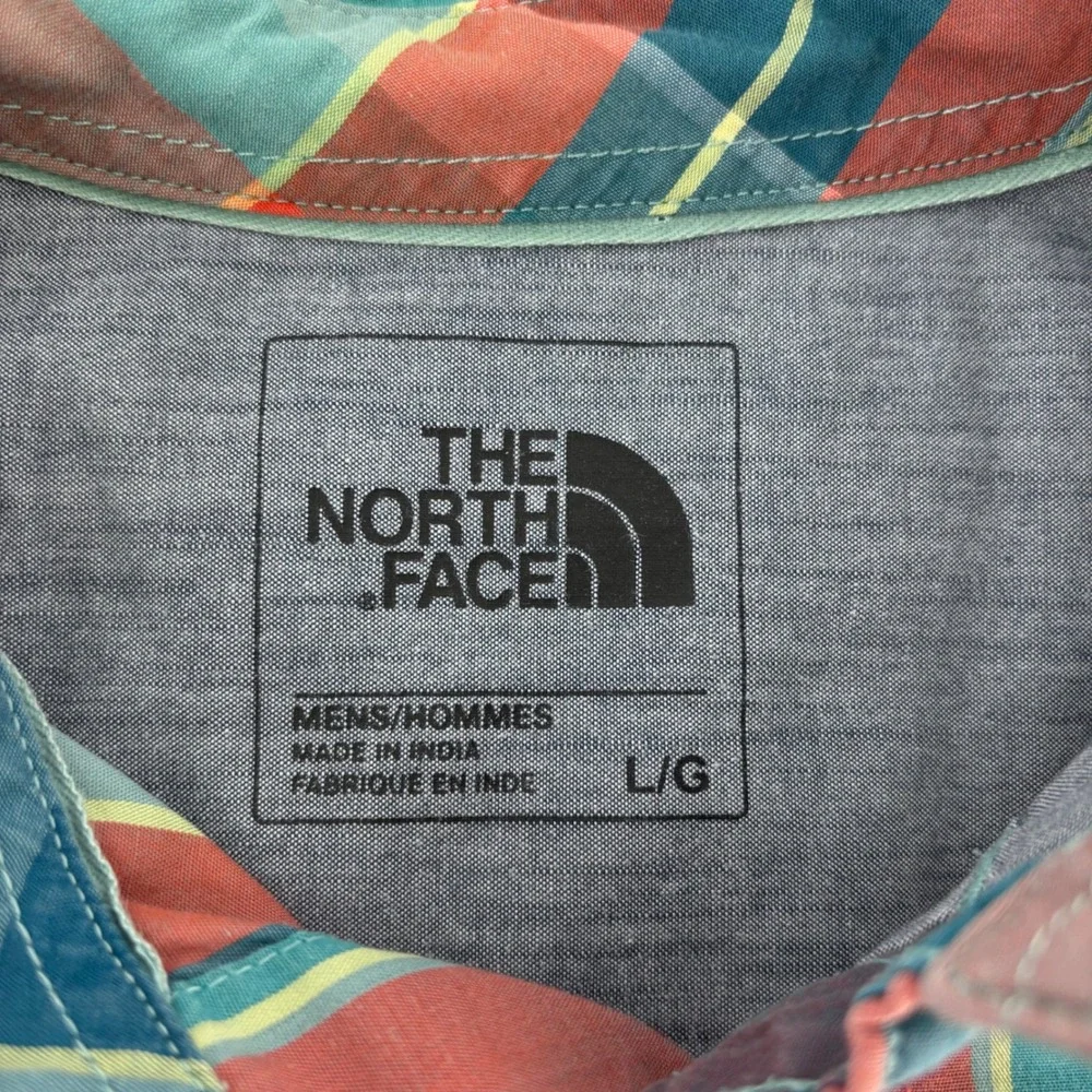 The North Face Button Up Shirt Mens Large Teal Plaid Short Sleeve Outdoor Hiking